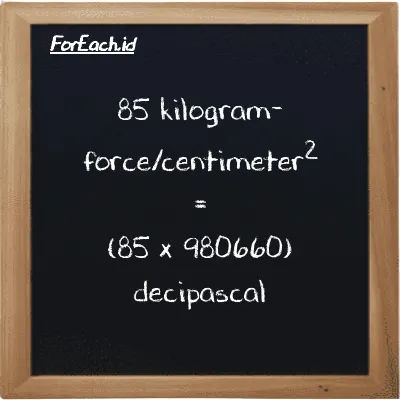How to convert kilogram-force/centimeter<sup>2</sup> to decipascal: 85 kilogram-force/centimeter<sup>2</sup> (kgf/cm<sup>2</sup>) is equivalent to 85 times 980660 decipascal (dPa)